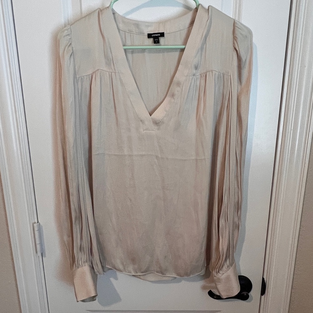 Express - Pleated Sleeve V Neck Blouse - Cream Colored - Size M
